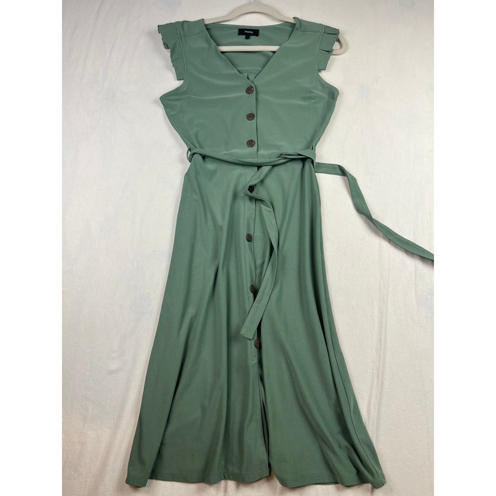 Theory Womens Sage Green Button Front Ruffle Sleeve Belted Midi Dress 2 500408